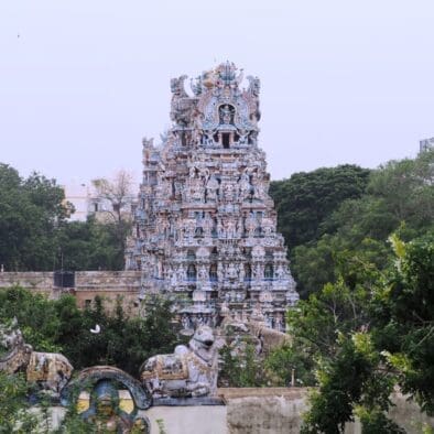Meenakshi Temple's Intricate Gopuram Amidst Madurai's Lush Greenery