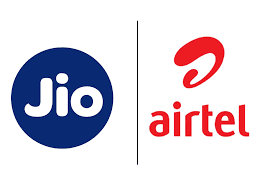 Logos of Jio and Airtel, major Indian telecommunications companies, displayed side by side for comparison.