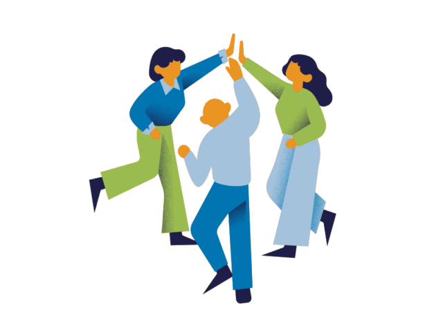 Illustration of three professionals in blue and green attire giving a high-five to celebrate success, representing our company's team spirit.