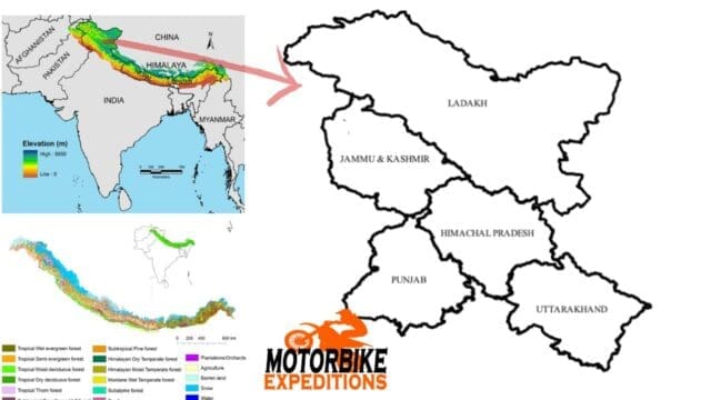 Map depicting the Himalayan range elevation, motorbike expedition paths in northern India, and ecological zones across the Himalayas.